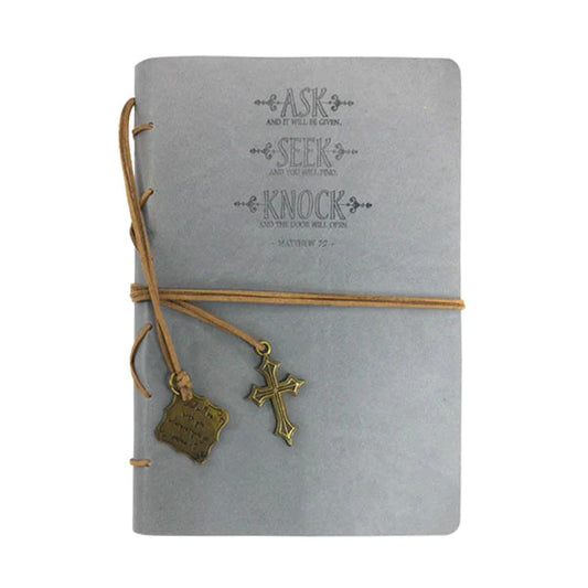 DIVINITY BOUTIQUE FAUX LEATHER JOURNAL : LEATHER WRAPPED GRAY ASK, SEEK, KNOCK SKU: 25669
