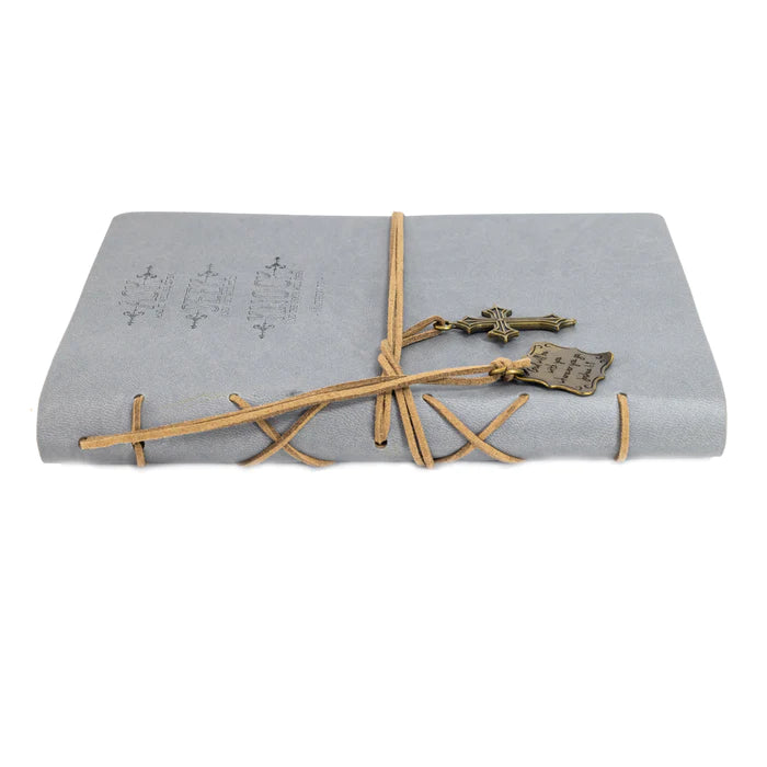 DIVINITY BOUTIQUE FAUX LEATHER JOURNAL : LEATHER WRAPPED GRAY ASK, SEEK, KNOCK SKU: 25669