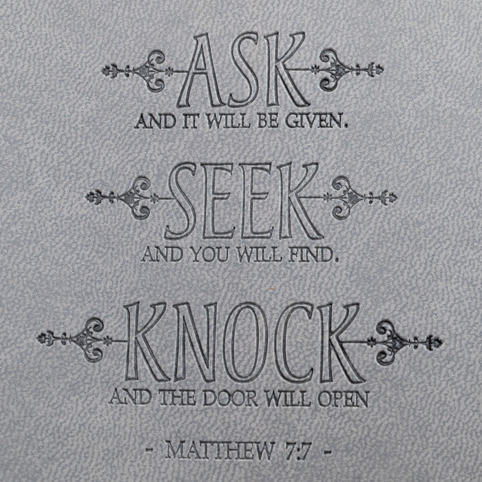 DIVINITY BOUTIQUE FAUX LEATHER JOURNAL : LEATHER WRAPPED GRAY ASK, SEEK, KNOCK SKU: 25669