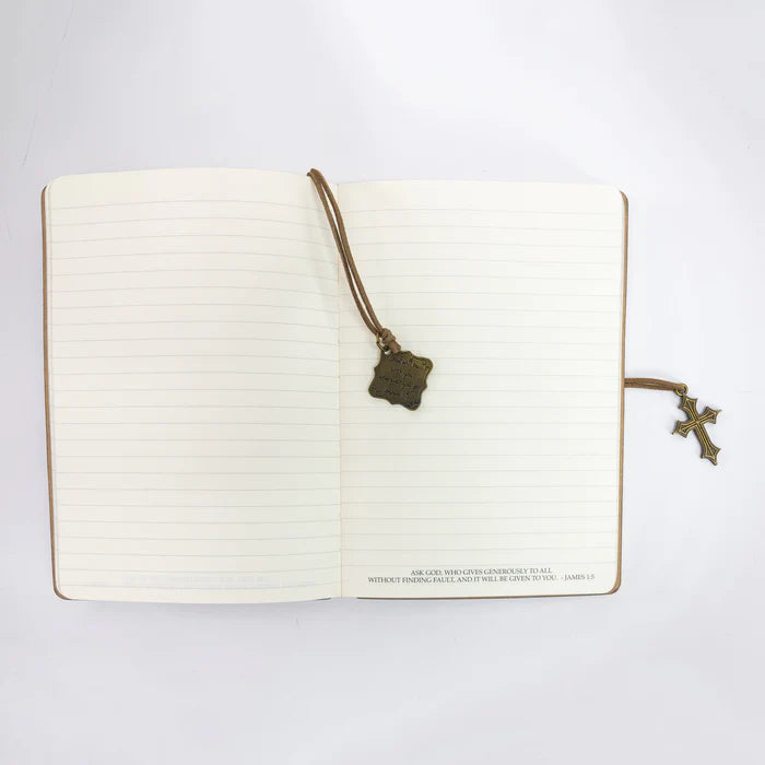 DIVINITY BOUTIQUE FAUX LEATHER JOURNAL : LEATHER WRAPPED GRAY ASK, SEEK, KNOCK SKU: 25669