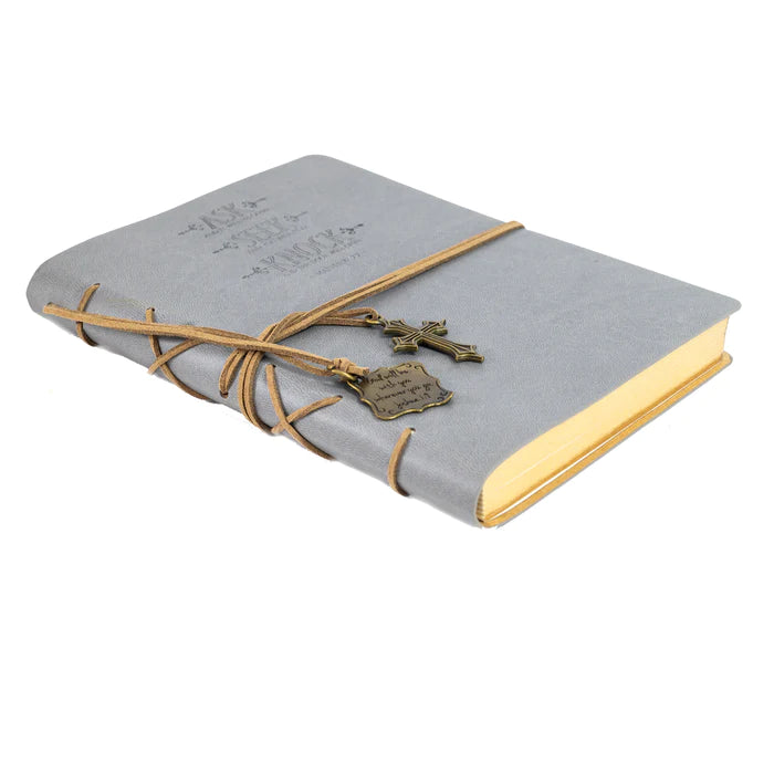 DIVINITY BOUTIQUE FAUX LEATHER JOURNAL : LEATHER WRAPPED GRAY ASK, SEEK, KNOCK SKU: 25669