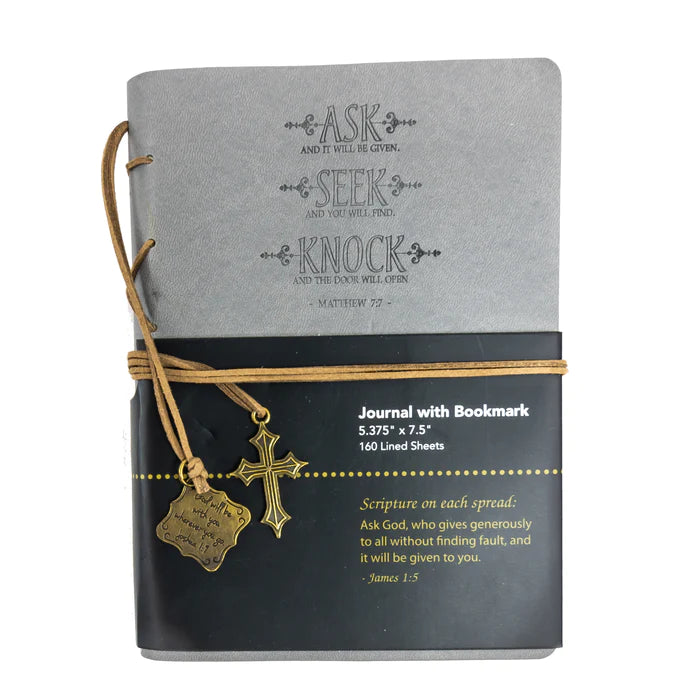 DIVINITY BOUTIQUE FAUX LEATHER JOURNAL : LEATHER WRAPPED GRAY ASK, SEEK, KNOCK SKU: 25669