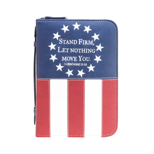 DIVINE DETAILS: BIBLE COVER: US FLAG STAND FIRM - 1 CORINTHIANS 15:58