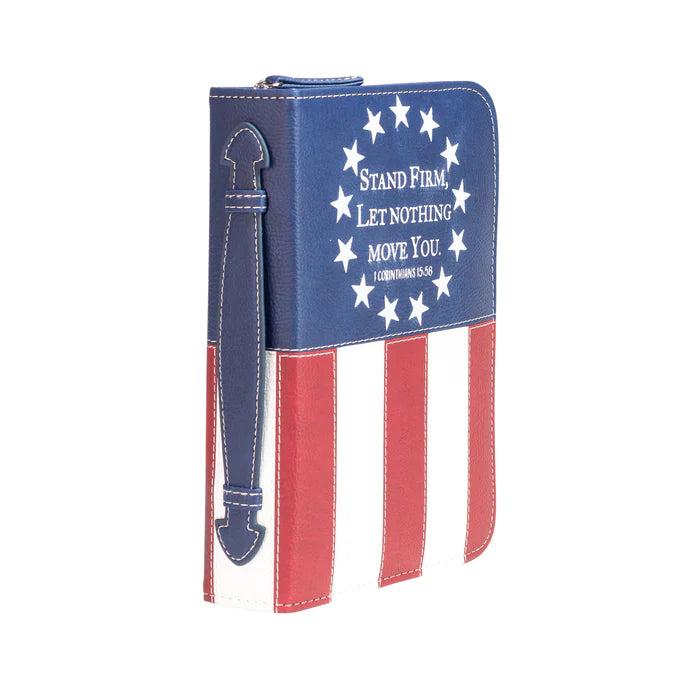 DIVINE DETAILS: BIBLE COVER: US FLAG STAND FIRM - 1 CORINTHIANS 15:58