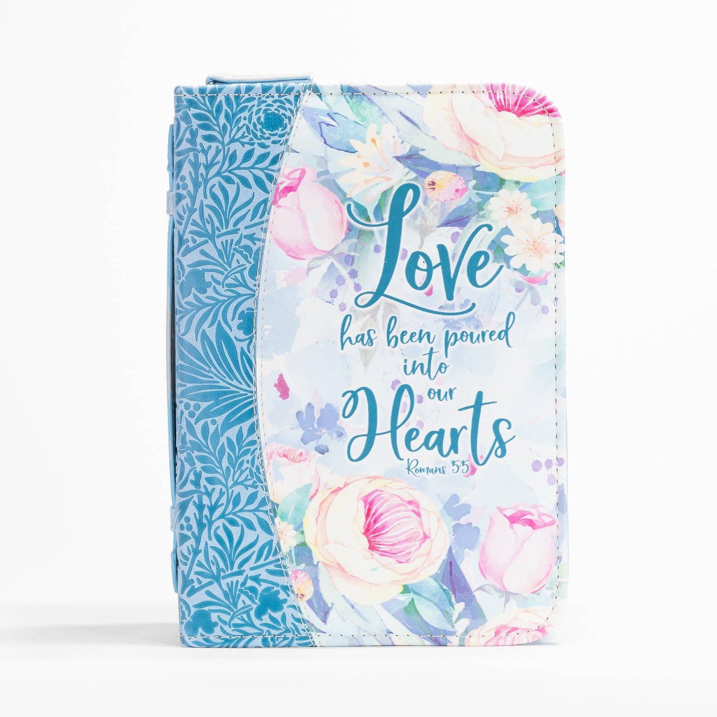 Bible Cover - Blue Floral Love into Hearts, Romans 5:5