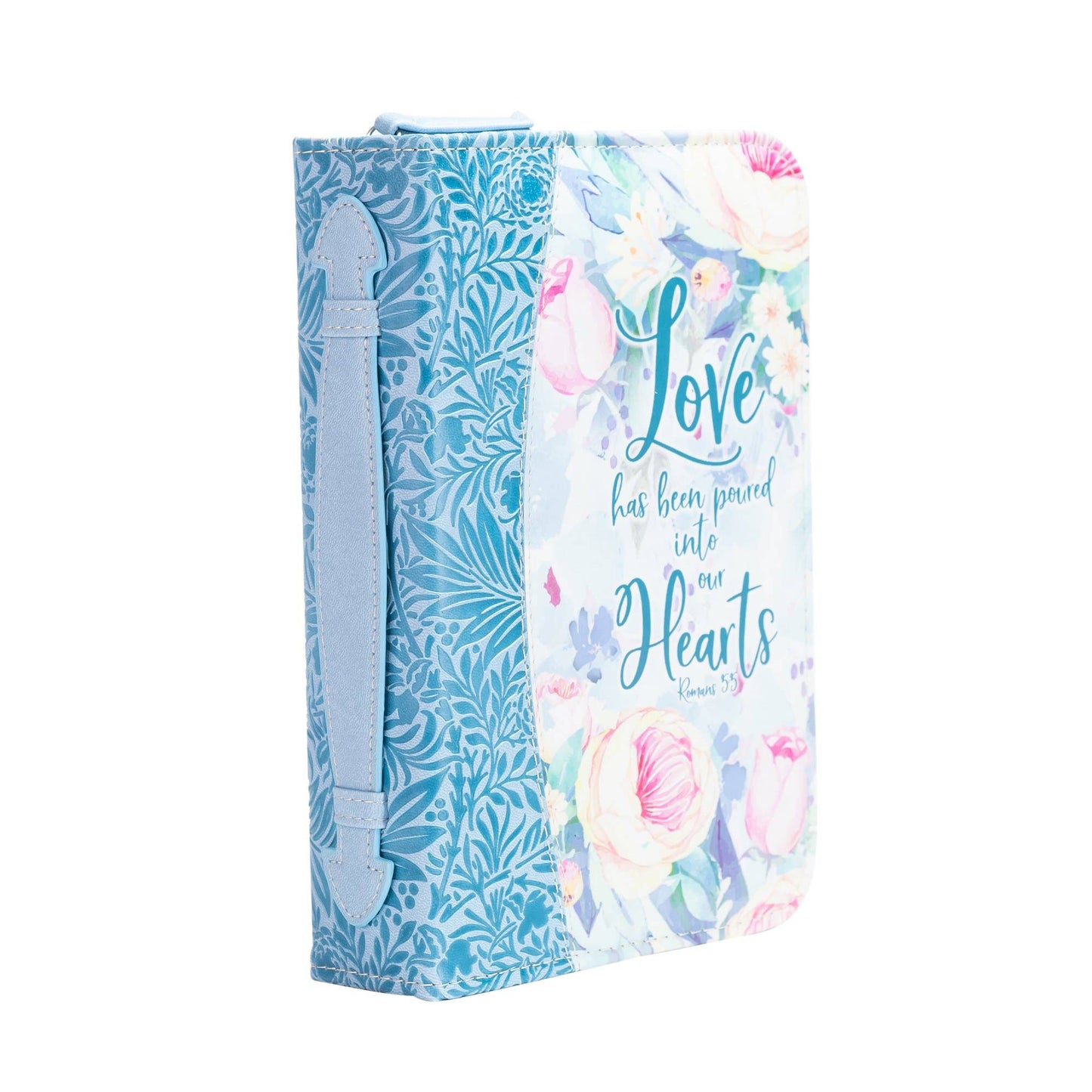 Bible Cover - Blue Floral Love into Hearts, Romans 5:5