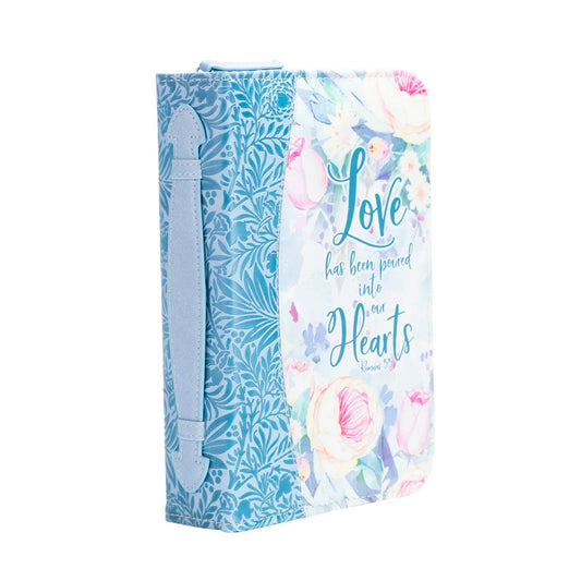 Bible Cover - Blue Floral Love into Hearts, Romans 5:5