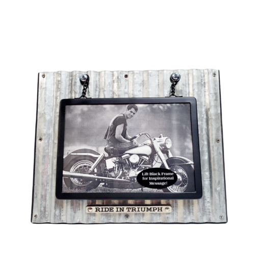 DIVINITY BOUTIQUE GOD'S GARAGE: RIDE IN TRIUMPH CORRUGATED METAL PHOTO FRAME